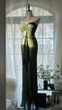 Green Elegant Fashion Exquisite Beaded Strapless Long Chiffon Ball Gown Evening Dress Birthday/Holiday Party Dress Prom Dress HZ1023