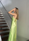 Green Fashion Elegant Spaghetti Strap Long Satin Tulle Ball Gown Evening Dress Wedding Guest Party Dress Prom Dress HZ1023