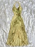 Yellow Pretty Charming Elegant Delicate Floral Beaded Strap Long Chiffon Ball Gown Evening Gown Party Dress Prom Gown HZ1023