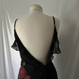Black gorgeous tight strapless exquisite red rose floral beaded long tulle ball gown evening dress HZ1023