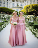 Pink Retro Elegant Square Round Neck A-line Spaghetti Strap Satin Long Evening Dress Birthday Party Dress Bridesmaid Dress HZ1023