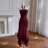Burgundy Embellished Halter Neck Mermaid Maxi Dress with Asymmetrical Ruffle Hem
