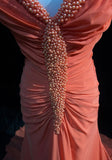 Orange Gorgeous Retro Fashion V-Neck Elegant Exquisite Pearl Beads Long Tulle Chiffon Floor-Length Trailing Ball Gown Evening Dress Prom Dress HZ1023