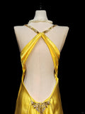 Yellow Fashion Elegant V-neck Exquisite Gem Long Mermaid Slim Fishtail Skirt Satin Floor Length Train Ball Gown Evening Gown Party Gown Prom Dress HZ1023
