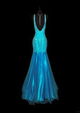 Blue Shiny Fashion Elegant V-neck Floral Long Mermaid Slim Fishtail Skirt Satin Floor Length Train Ball Gown Evening Gown Party Dress Prom Dress HZ1023