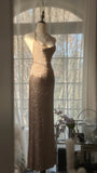 Champagne Gorgeous Shiny Exquisite Beaded Spaghetti Straps V Neck Long Sequined Chiffon Ball Gown Evening Dress Party Dress HZ1023