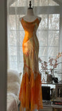 Orange Delicate Floral Spaghetti Strap Long Satin Chiffon Ball Gown Evening Dress Party Dress HZ1023