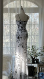 White Elegant Romantic Exquisite Black flowers Long Chiffon Ball Gown Evening Dress Birthday/Wedding Guest/Vacation Party Dress Prom Dress HZ1023