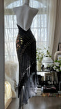 Black Vintage Fashion Delicate Floral Tassel Beaded Long Chiffon Ball Gown Birthday Party Dress Evening Gown Prom Dress HZ1023