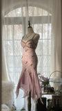 Pale Pink Elegant Fashion Sophisticated Beaded Sweetheart Neck Spaghetti Straps Long Chiffon Ruffled Homecoming Dress Prom Dress Evening Dress Birthday/Vacation Party Dress Prom Dress HZ1023
