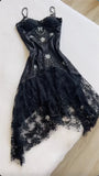 Black fashion vintage elegant exquisite floral beading spaghetti straps Long/Short satin lace princess ball gown evening dress party dress prom dress homecoming dress HZ1023