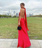 Red simple elegant ribbon backless long slit sexy satin ball gown evening dress wedding guest dress HZ1023