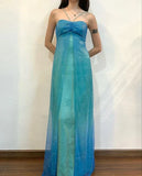 Blue shiny fashion gradient gold spray retro elegant sling long tulle prom dress evening dress party dress HZ1023