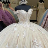 Champagne gorgeous exquisite lace applique off-shoulder long quinceanera dress 15 years old prom dress debutante dress prom dress HZ1023