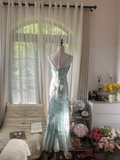 Light Blue Gorgeous Sparkling Fashion Elegant Exquisite Beaded Long Chiffon Fairy Ball Gown Evening Dress Birthday/Wedding Guest/Vacation Party Dress Prom Dress Valentine's Day Date Dress HZ1023