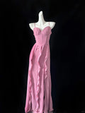 Pink unique stylish elegant spaghetti straps sweetheart neckline long chiffon ruffles floor length ball gown evening gown prom dress HZ1023
