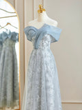 Blue Romantic Elegant Delicate Floral Long Tulle Ball Gown Evening Dress Party Dress Bridesmaid Dress Prom Dress HZ1023