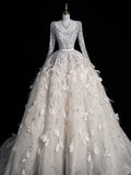 White Silver Sequins Luxurious Sparkling Gorgeous Elegant Beautiful Exquisite Beaded Long Sequin Floor Length Sleeve Ball Gown Evening Gown Wedding Dress Saudi Arabia Dress HZ1023