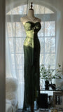 Green Elegant Fashion Exquisite Beaded Strapless Long Chiffon Ball Gown Evening Dress Birthday/Holiday Party Dress Prom Dress HZ1023