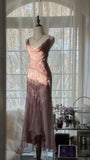 Pink Purple Romantic Fashion Elegant Exquisite Beaded Spaghetti Strap Long Tulle Chiffon Ruffle Ball Gown Evening Gown Party Dress HZ1023