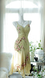 Yellow Elegant Romantic Delicate Pink Floral Beading Spaghetti Straps Midi/Short Chiffon Homecoming Ball Gown Evening Dress Birthday/Wedding Guest/Holiday Party Dress Prom Dress HZ1023