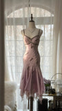 Pale Pink Elegant Fashion Sophisticated Beaded Sweetheart Neck Spaghetti Straps Long Chiffon Ruffled Homecoming Dress Prom Dress Evening Dress Birthday/Vacation Party Dress Prom Dress HZ1023