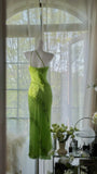 Green gorgeous fashion one shoulder elegant vintage exquisite beaded long chiffon ball gown evening dress birthday party dress prom dress HZ1023
