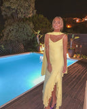 Yellow elegant fashion spaghetti strap long chiffon ruffled ball gown evening dress party dress HZ1023