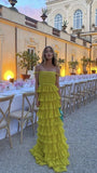 Blue/Yellow Off Shoulder A-Line Tiered Long Chiffon Ball Gown Elegant Ruffle Floor Length Prom Dress Evening Gown Wedding Party Dress HZ1023