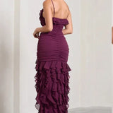 Purple Elegant Sexy Spaghetti Strap Ankle Length Chiffon Ruffle prom Evening Dress Party Dress HZ1023