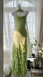 Green Stylish Elegant Spaghetti Straps Long Ruffled Mermaid Slim Fit Chiffon Ball Gown Birthday Party Dress Evening Dress Prom Dress HZ1023