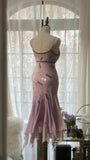 Pale Pink Elegant Fashion Sophisticated Beaded Sweetheart Neck Spaghetti Straps Long Chiffon Ruffled Homecoming Dress Prom Dress Evening Dress Birthday/Vacation Party Dress Prom Dress HZ1023