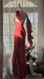 Red Romantic Fashion Elegant Exquisite Lotus Gold Beaded Long Chiffon Fishtail Skirt Mermaid Slim Ball Gown Evening Dress Birthday/Wedding Guest/Holiday Party Dress Prom Dress Valentine's Day Date Dress HZ1023