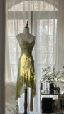 Green Romantic Fashion Elegant Delicate Floral Appliqu¨¦ Beaded Spaghetti Straps Midi/Short Chiffon Ruffle Ball Gown Evening Gown Party Gown HZ1023