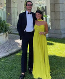 Yellow green fashion simple elegant tube top off shoulder long chiffon ball gown party dress evening dress with scarf Prom Dress HZ1023
