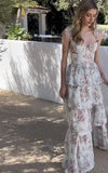Floral Fashion Elegant Spaghetti Strap Long Chiffon Tulle Ball Gown Evening Dress Garden Party Dress Graduation Dress Prom Dress Wedding Guest Party Dress HZ1023