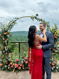 Red Fashion Sexy V-neck Elegant Long Satin Slit Slim Ball Gown Evening Dress Wedding Guest Party Dress Prom Dress HZ1023