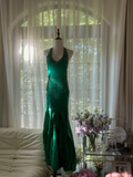 Green Gorgeous Shiny Fashion Elegant Delicate Lace Beading Long Satin Chiffon Fairy Ball Gown Evening Dress Birthday/Wedding Guest/Holiday Party Dress Prom Dress Valentine's Day Date Dress HZ1023