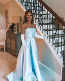 Blue fashion elegant exquisite pearl beading long satin ball gown evening dress HZ1023