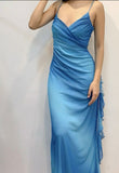 Blue Fashion Gradient Shiny Elegant Spaghetti Strap Long Chiffon Ruffle Ball Gown Evening Dress Wedding Guest Party Dress Prom Dress HZ1023