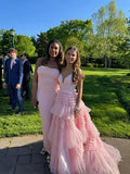 Pink sweet fashion V-neck elegant long tulle floor-length trailing ball gown evening dress prom dress HZ1023