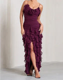 Purple Elegant Sexy Spaghetti Strap Ankle Length Chiffon Ruffle prom Evening Dress Party Dress HZ1023