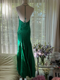 Green Gorgeous Shiny Fashion Elegant Delicate Lace Beading Long Satin Chiffon Fairy Ball Gown Evening Dress Birthday/Wedding Guest/Holiday Party Dress Prom Dress Valentine's Day Date Dress HZ1023