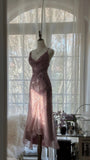 Pink Purple Romantic Fashion Elegant Exquisite Beaded Spaghetti Strap Long Tulle Chiffon Ruffle Ball Gown Evening Gown Party Dress HZ1023