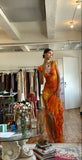 Orange Fashion Gradient Spaghetti Strap Long Ruffle Elegant Chiffon Ball Gown prom dress Evening Dress Holiday Party Dress HZ1023