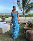 Blue/Yellow Off Shoulder A-Line Tiered Long Chiffon Ball Gown Elegant Ruffle Floor Length Prom Dress Evening Gown Wedding Party Dress HZ1023