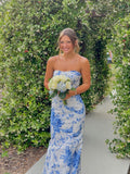 Blue Elegant Fashion Floral Long Slim Fit Ball Gown Evening Dress Wedding Guest Party Dress Bridesmaid Dress HZ1023