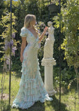 Blue floral V-neck sexy elegant long ruffled ball gown evening dress garden party dress HZ1023
