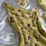 Yellow Green gorgeous exquisite vintage embroidered spaghetti strap long ball gown prom dress evening gown HZ1023