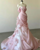 Pink gorgeous exquisite floral mermaid slim strapless long tulle floor-length ball gown evening wedding dress HZ1023